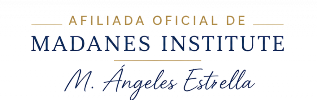 Official affiliate logo for Madanes Institute with gold and blue typography and 'M. Ángeles Estella'.